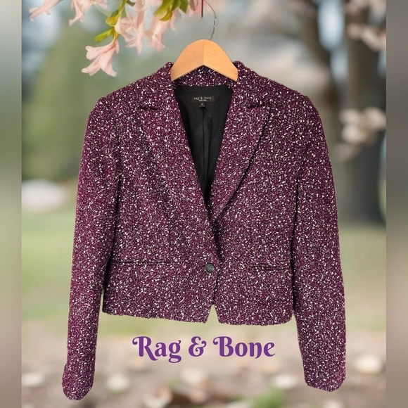 Rag & Bone Valerie Womens Sz O Tweed Wool Blend Cropped Blazer Purple White - Picture 1 of 12